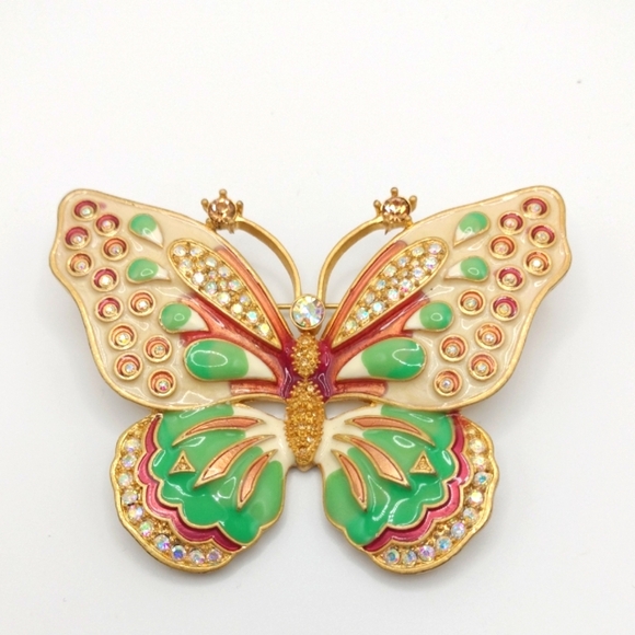 KLJ Colorful Butterfly Brooch Gold Tone Iridescent Rhinestones Enamel Retro Boho - Picture 1 of 8